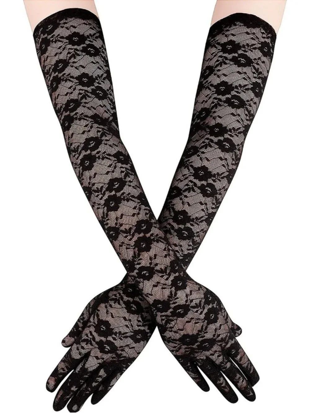 Women's Floral Lace Black Satin Opera Length Elbow Long Evening Party Gloves